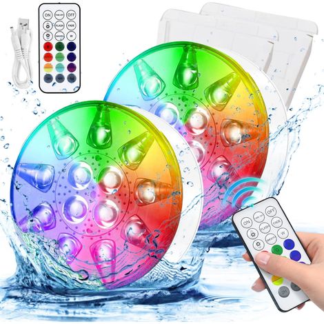 Lampe de piscine LED submersible rechargeable, étanche IP68, avec télécommande RF, interface USB, minuterie, 13 perles LED RGB 16 couleurs. (1/5)