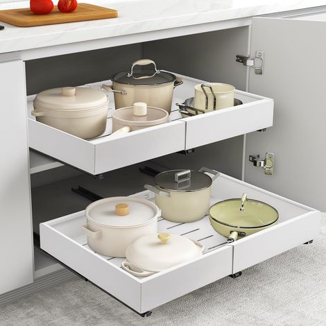 Trintion Pull Out Cabinet Organizer, Adjustable Expandable Slide Out Drawer, Roll-Out Sliding Drawer Organiser Shelf for Kitchen & Bathroom Storage,Easy Installation with Adhesive Film (White) (1/5)