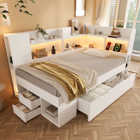 Lit de jour 90x200 cm blanc avec LED, rangements étagères tiroirs, sommier à lattes, station charge USB Type-C, lit adulte enfant fonctionnel (sans Matelas) (1/5)