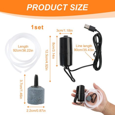 Pompe à Air d'Aquarium USB Mini Pompe à Oxygène Silencieuse Portable Aérateur de Bassin pour Aquarium de Poissons Pêche en Plein Air Transport Aquatique Vivant avec Tuyau en Silicone et Diffuseur d'Ai