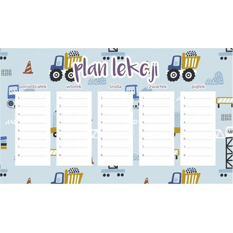 Piano di lezione magnetico: macchinari da costruzione su sfondo blu 30x17,5 cm