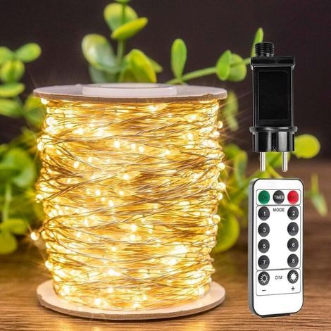 Catena luminosa da 100 m, 1000 LED, filo in rame argentato, impermeabile, per uso interno ed esterno, con telecomando, luce bianca calda. (1/5)
