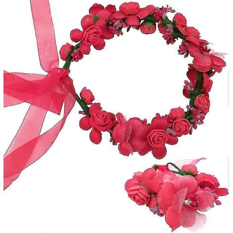 Guirlande de fleurs ajustable pour bandeau de mariage avec bracelet floral, couronne de cheveux décorative (rouge vif) (1/5)