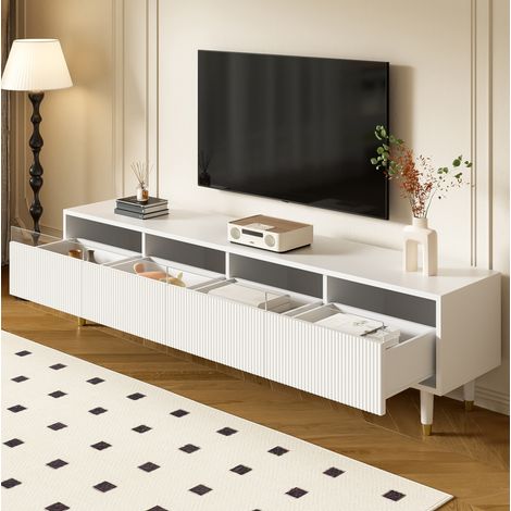 Meuble TV 178x35x45 cm blanc en MDF avec 4 tiroirs et passe-câbles (1/5)