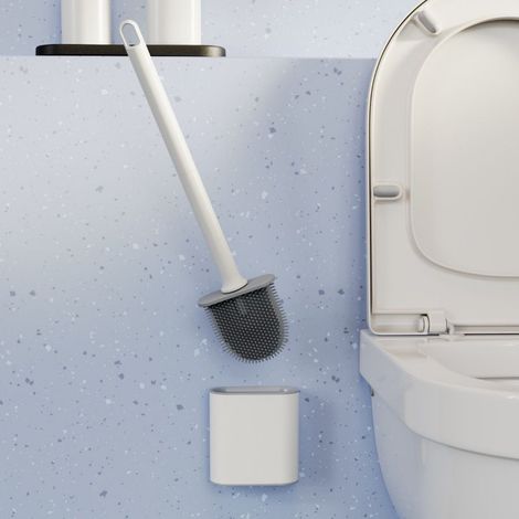 Brosse WC Silicone Plate- Brosse Toilette et Supports, Anti-goutte, Antibactérienne, Balayette WC Ventilée, Séchage Rapide sans Odeur, Balai WC Montage Mural/au Sol, Salle de Bain et WC Blanc (1/4)