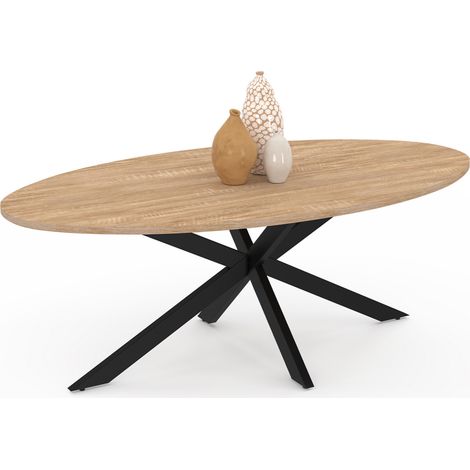 Idmarket – Table basse ovale 110 cm – Pied araignée métal noir – Plateau MDF bois – Style industriel moderne – Dimensions compactes pour petits espaces