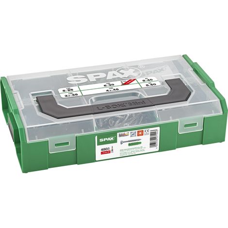 Gamme SPAX L-BOXX petit modèle, jeu de vis avec 3 dimensions + chevilles, 480 pièces, tête fraisée, T-STAR plus T20, WIROX - 5000009160209