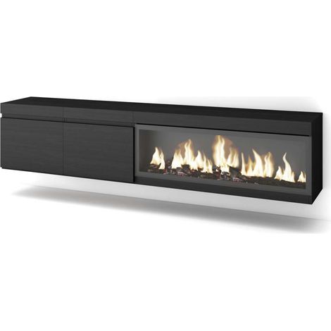 Mueble TV Lagos-01 de 208x45x35 cm con chimenea y luces LED, suspendido, color negro (1/4)