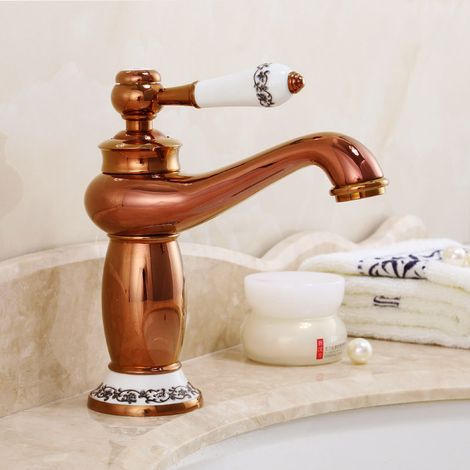 Robinet Mitigeur de Lavabo en Laiton Massif Style Européen Rétro pour Vasque à Poser, Salle de Bain, avec Flexible (Modèle : Céramique Rose Gold)-lsw