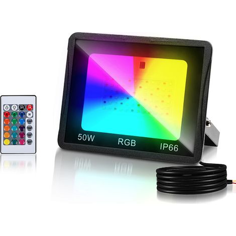 Randaco RGB LED Strahler mit Fernbedienung, 50W RGB LED Flutlicht, 16 Farben & 4 Modi, IP66 LED Außenstrahler für Garten & Terrasse