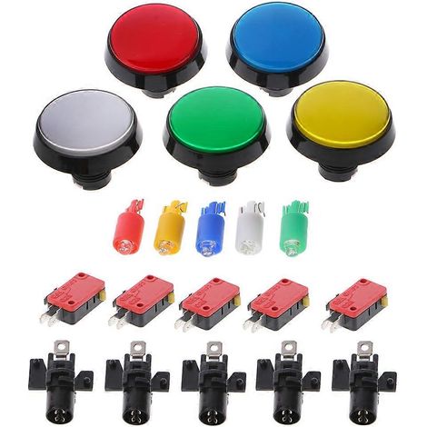 Lot de 5 interrupteurs à bouton-poussoir ronds de 60 mm en 5 couleurs, adaptés aux manettes de jeu et aux joysticks d'arcade. (1/5)