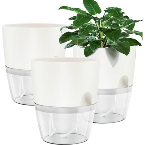 Pot de Plantes en Plastique, 3pcs 15.3cm Jardinières Auto-arrosantes, Pot de Fleurs avec Corde en Coton et Grand Stockage d'eau pour Intérieur, Extérieur, Jardin - Blanc (1/5)