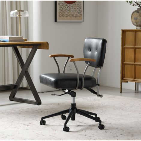 Chaise de bureau ergonomique en cuir noir, réglable et pivotante, accoudoirs en chêne, OKWISH (1/5)