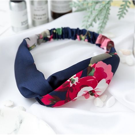 Fascia per capelli in tessuto, turbante con fiori, blu navy, ornamento per capelli da donna