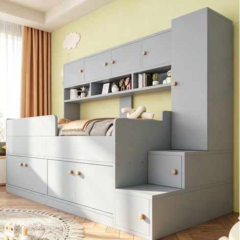 MODFU – Lit enfant 90x200 cm bois – Rangements, armoire et échelle à marches – LED et sommier 16 lattes – Chambre d'enfant – Gris (1/5)