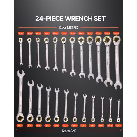 Jeu de Clés Mixtes 24PCs, Clés à Cliquet SAE 1/4"-7/8" et Métrique 8-19 mm, Ensemble de Clés en Acier Cr-V, avec Support de Rangeme… (1/5)