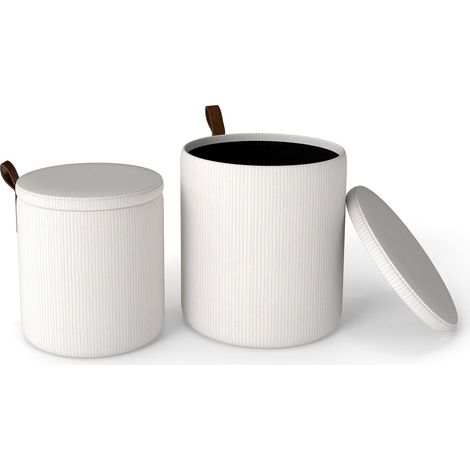 Set di pouf rotondi con contenitore, velluto a coste, impilabili, bianco