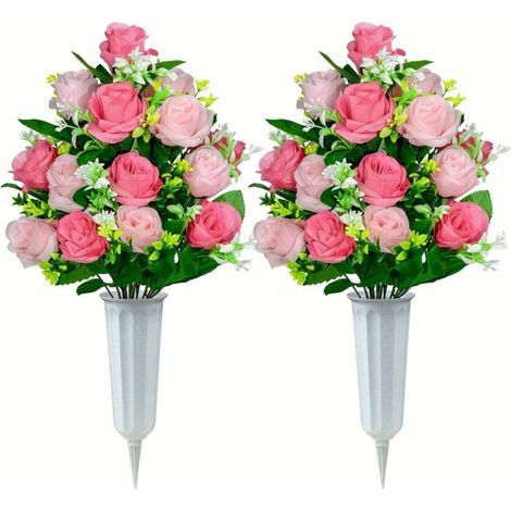 Fleurs artificielles pour cimetière, 2 bouquets de roses artificielles avec vase, pour la décoration de pierres tombales. (1/5)