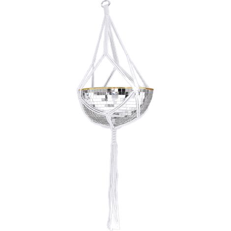 Maceta colgante estilo espejo con bolsa de malla, fabricada en plástico color plata. Disponible en 3 tamaños.