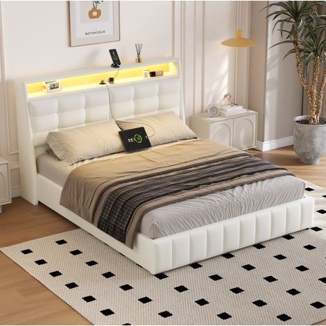 Lit plateforme rembourré 160 x 200 cm avec LED, USB, rangement et tête de lit réglable, blanc (1/5)