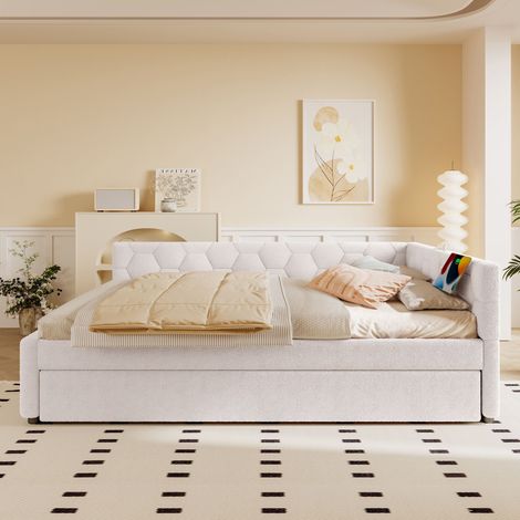 Lit banquette 140 x 200 cm avec tiroir-lit, lampe, USB et USB-C, sommier
à lattes, tissu blanc, sans matelas (1/5)