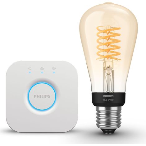 Philips Hue Kit de démarrage E27 avec 1 Ampoule à filament Edison Grande (ST72) Lumière blanche chaude - Comprend 1 Bridge - White (1/5)