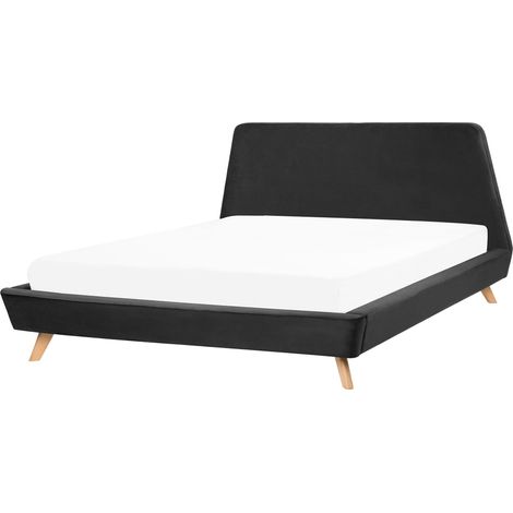 Lit Double à Lattes 180 x 200 cm en Velours Noir Tête Lit Trapèze Minimaliste Vienne