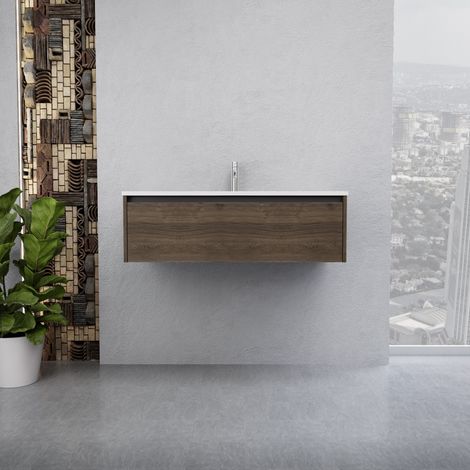 Inda - Badezimmerschrank 1 Schublade B.100 mit glänzendem Waschbecken / Braune Eiche - Smeraldo
