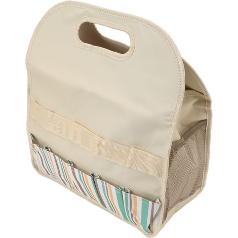 Sacoche à outils de jardin grande capacité en tissu Oxford 600D et panneaux PE, beige à rayures colorées. (1/5)