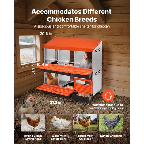 Pondoir à Poules, 6 Compartiments, Nichoir en Métal à 2 Niveaux, avec Plateau Incliné, Couvercles de Protection, Espace de Ponte Sp… (1/5)