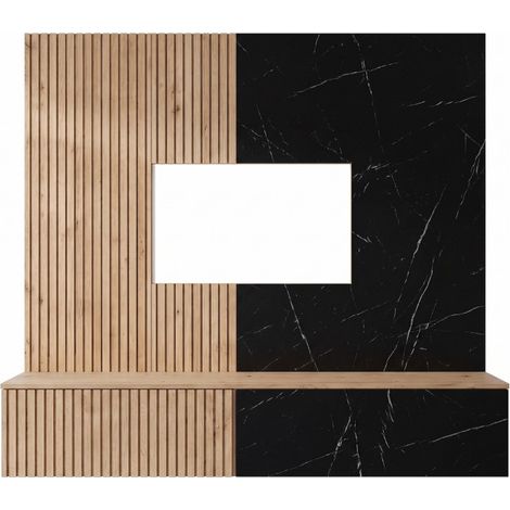 Ensemble meuble TV mural Noir I - Bois MDF chêne Cremona et effet marbre noir - 160 x 148 x 35 cm - Livraison gratuite (1/5)