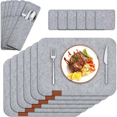 Ensemble 18 sets table feutre lavables 44x32 cm, résistants chaleur + pochettes couverts