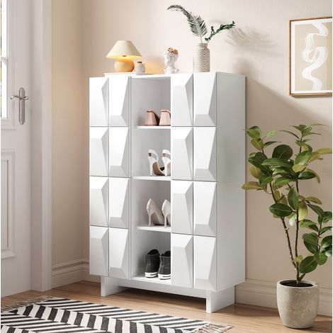 Vitrine Schuhschrank (90.5 x 34 x 135.5 cm), mit 12 Fächern, Türen mit Rautenrelief, Spanplatte, Weiß (1/5)