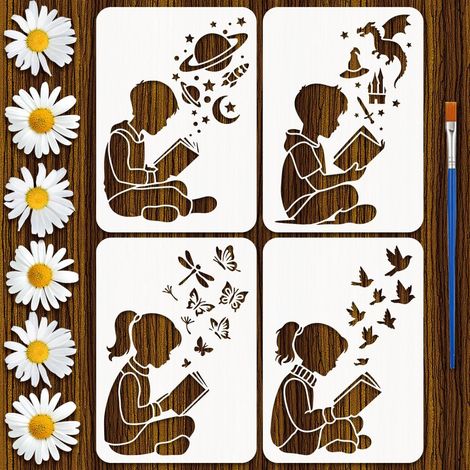 4Pcs Pochoir de Lecture pour Garçon et Fille Avec Pinceau 29.7x21cm Pochoir A4 Motif Univers Planètes Papillons Oiseaux pour Peinture Lecture Réflexion Murs Meubles Artisanat Décor (1/5)