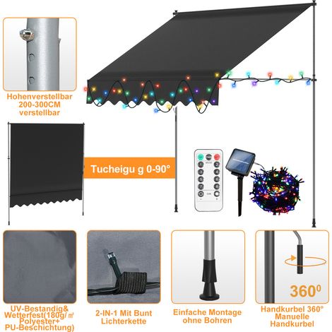 Wolketon Markise Klemmmarkise mit Handkurbel Sonnenschutz und UV-Schutz und wasserfestund höhenverstellbar Gelenkarm mit LED 200cm (1/3)