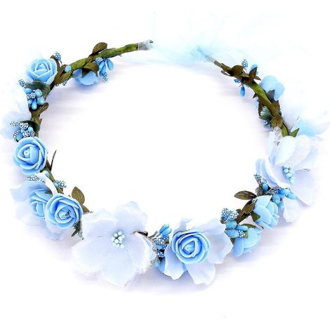 Couronne de fleurs artificielles avec ruban, faite main, bandeau, guirlande de fleurs, couronne de cheveux bleue (1/4)