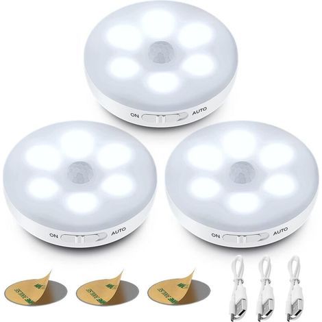 Automatic LED Night Light, Indoor Motion Sensor Lamp, Wireless LED Lamp, 3 Modes (Auto/On/Off), LED Closet Light, USB Rechargeable Lamp for Display Cases, Kitchen, Dressing Table, Hallway [C (1/5)
