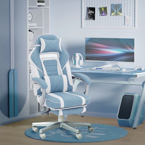 Fauteuil de jeu inclinable avec hauteur réglable, repose-pieds rétractable, soutien lombaire et appui-tête amovible - Bleu (1/5)