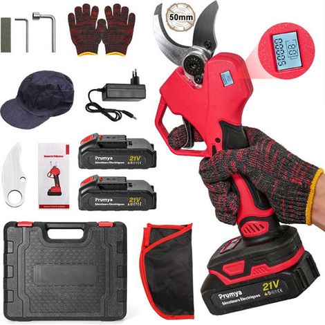 Sécateur électrique sans fil 50 mm avec écran LED, batterie rechargeable 21 V, capacité de coupe de 5 cm, 2 batteries 21 V 7500 mAh (Gants et chapeau non inclus) (1/4)
