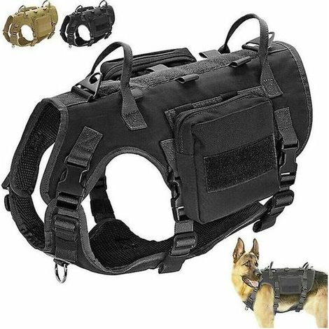 K9 Tactical Military Training Dog Harness + Side Bags Molle Vest Large Black Tan