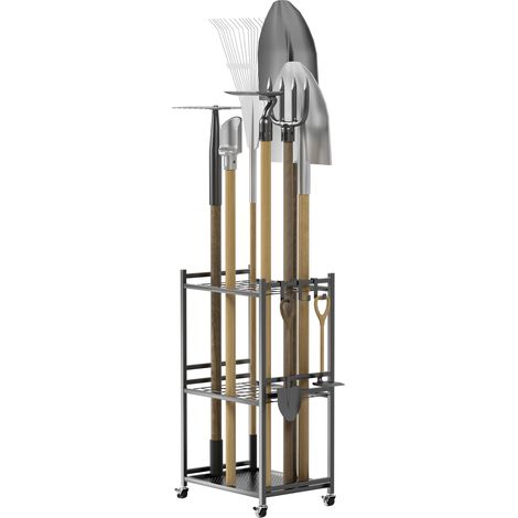 FIANAO – Gartengeräte Organizer – rollbarer Eisen Ständer mit 35 Fächern und Haken, verstellbare Füße, für Schaufeln Rechen und Besen, für Garage und Schuppen, 43 × 30 × 79 cm, Schwarz (1/5)