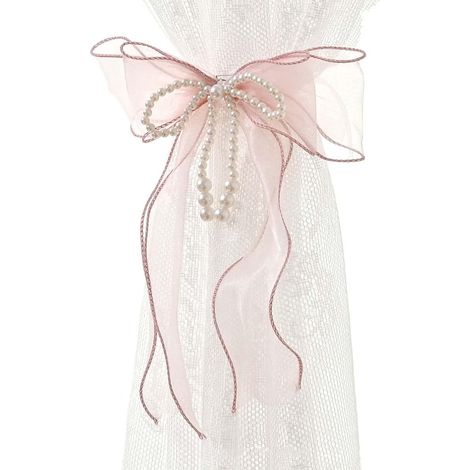 Confezione da 4 fermatende in pizzo con fiocchi di perle, graziose fibbie per tende con fiocco, fermatende in nastro, decorazioni per la casa (rosa)