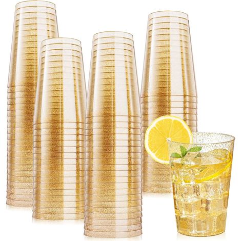 Lot De 50 Gobelets, Bordure Dorée, Rigide Réutilisable, 280 Ml, Pour Fête Et Mariage