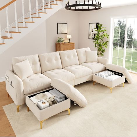 Canapé-lit modulaire 4 places en tissu beige, forme L ou U avec 2 poufs-coffres, rangement pratique, pieds en métal doré de 15 cm, pour salon familial – CHICFURN (1/5)