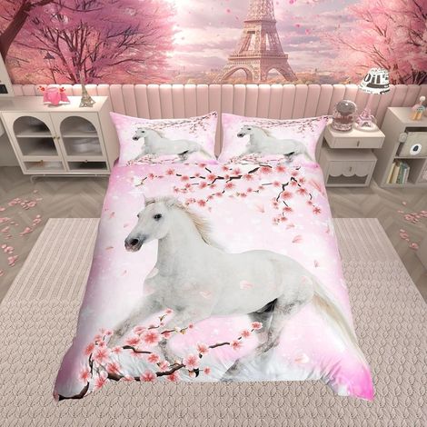 Duvet Cover 140 x 200 cm Horse for Boys Girls Women Pink Cherry Blossom Duvet Cover, Romantic Bedding Set Horse Wild Animal Flowers Farmhouse Decor Bedding (1/5)