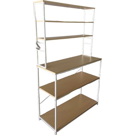 Relaxdays Estantería de cocina, 6 baldas con encimera, 167×100×40 cm, estante para microondas, natural/blanco