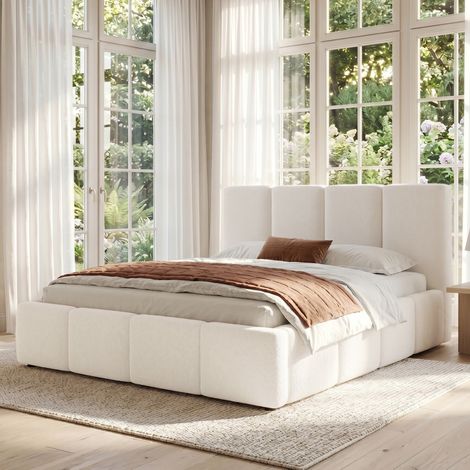 Lit double rembourré bouclé beige 180x200 cm avec tête de lit capitonnée et sommier à lattes (1/5)