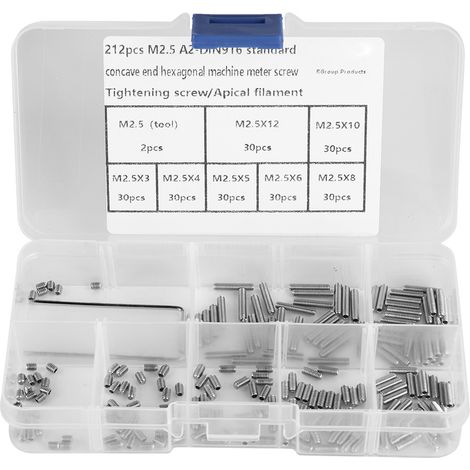 Lot de 212 vis sans tête M2.5 en acier inoxydable A2 DIN916, hexagone creux, bout concave, fixation (1/5)