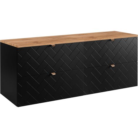 Furnidea - Meuble sous vasque MADIS NOIR 160 cm avec le plan CHÊNE - 4 tiroirs, façades motif chevron, design moderne (1/5)