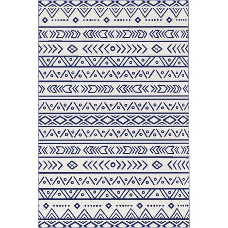 Tapis extérieur réversible géographique bleu blanc 182x274 cm avec sac de transport